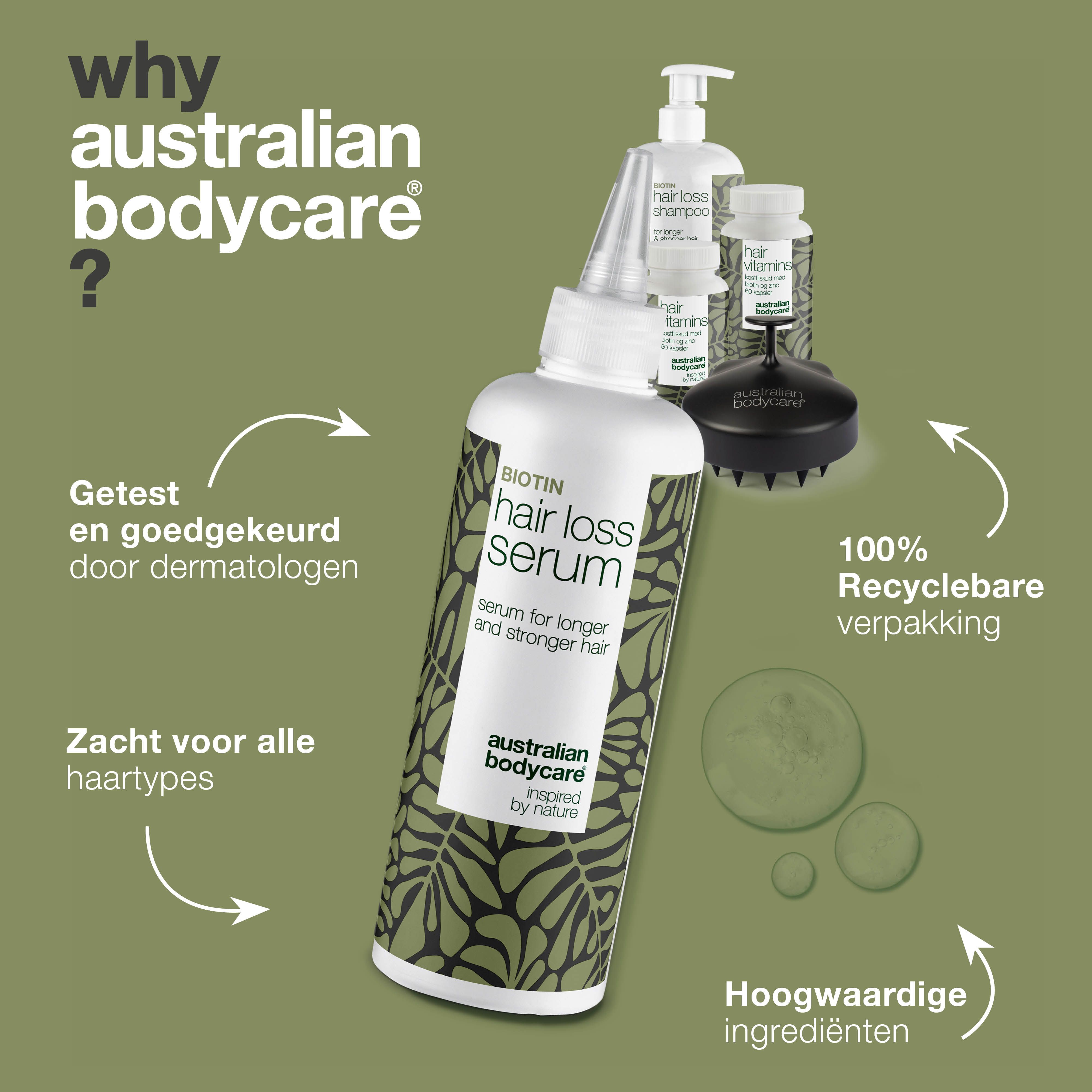 Australian Bodycare. Ervaringsverhaal. Flessen en borstel. 5 sterren beoordeling. +16.000 beoordelingen.