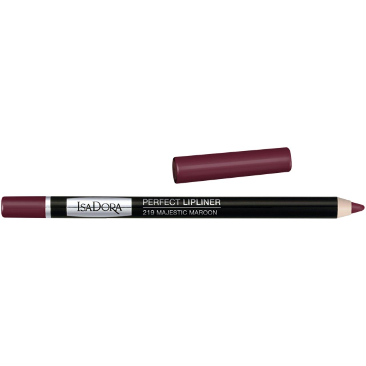 IsaDora Perfect Lipliner, Farbe Majestic Maroon. Schwarzer Stift mit abgenommenem Deckel. Produktname und Farbton auf dem Stift.