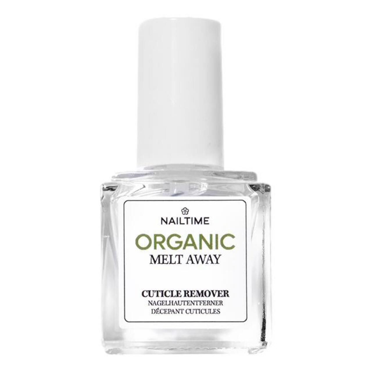 Klarer Flakon mit weißem Deckel. Etikett mit "Nailtime", "Organic Melt Away" und "Cuticle Remover".