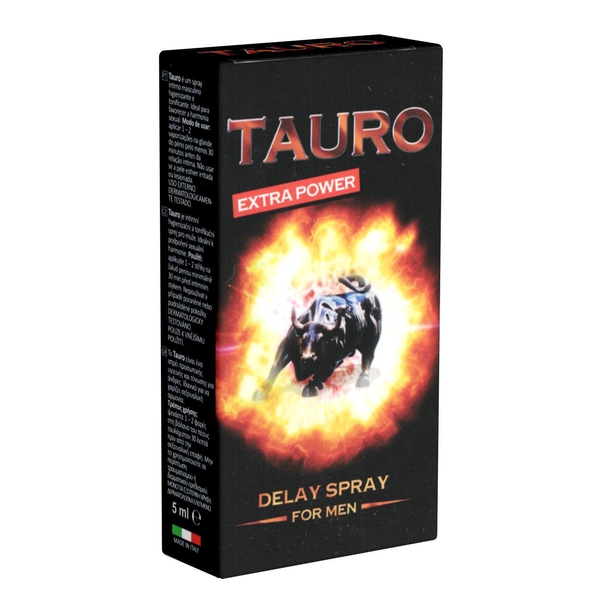 Schwarze Verpackung mit "TAURO EXTRA POWER". Abbildung eines Stiers in Flammen. "DELAY SPRAY FOR MEN".