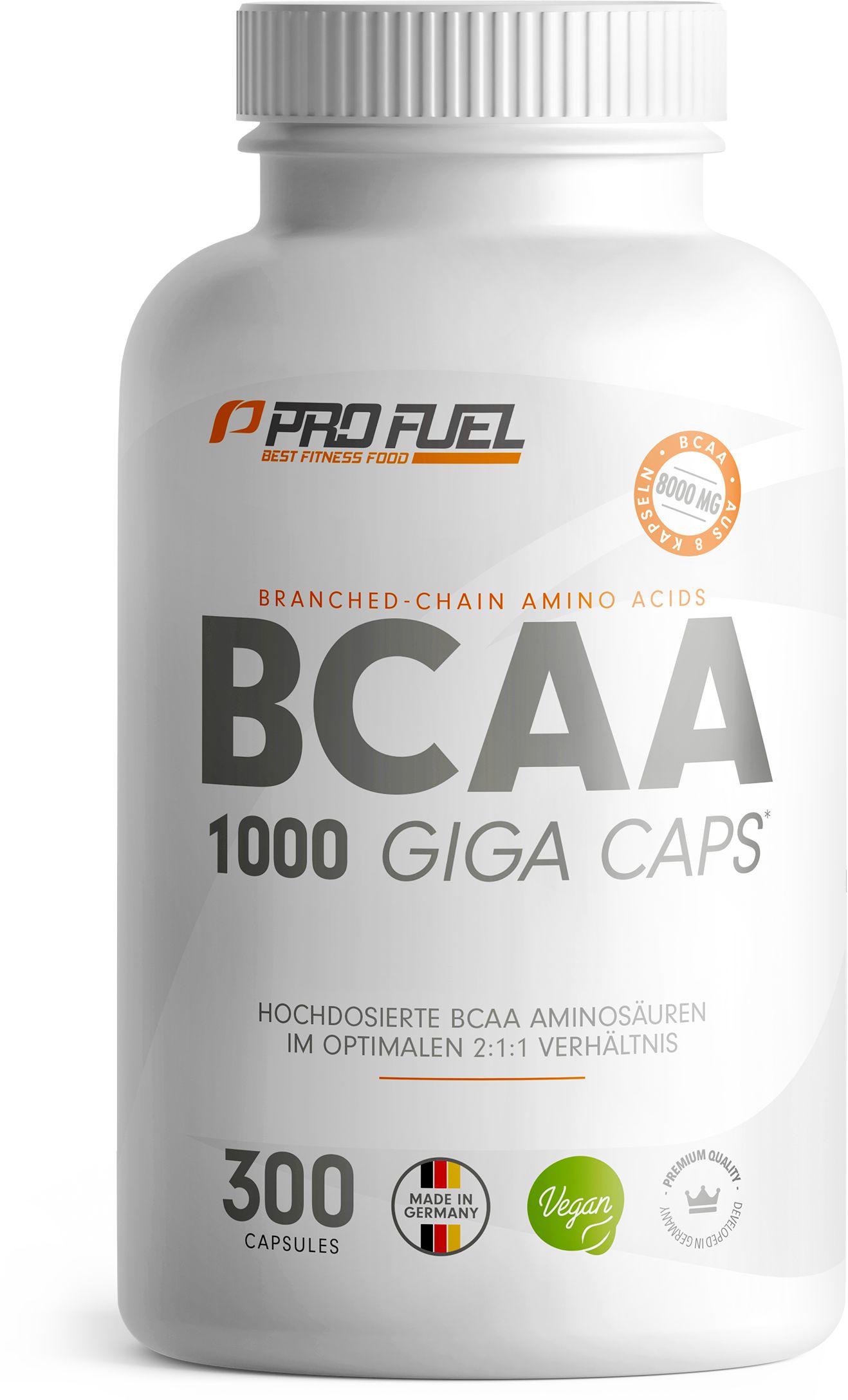 Weiße Flasche mit ProFuel BCAA Kapseln. Aufschrift: BCAA 1000 GIGA CAPS, 300 Kapseln. Vegan-Siegel, Made in Germany. 8000 mg BCAA.