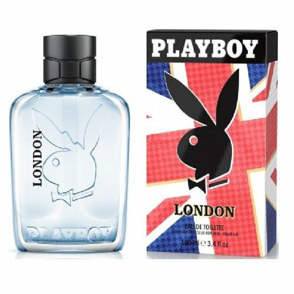 Playboy London Eau de Toilette Spray-Flasche und -Verpackung. Flasche mit Logo. Verpackung mit Union Jack-Design und Playboy-Logo.