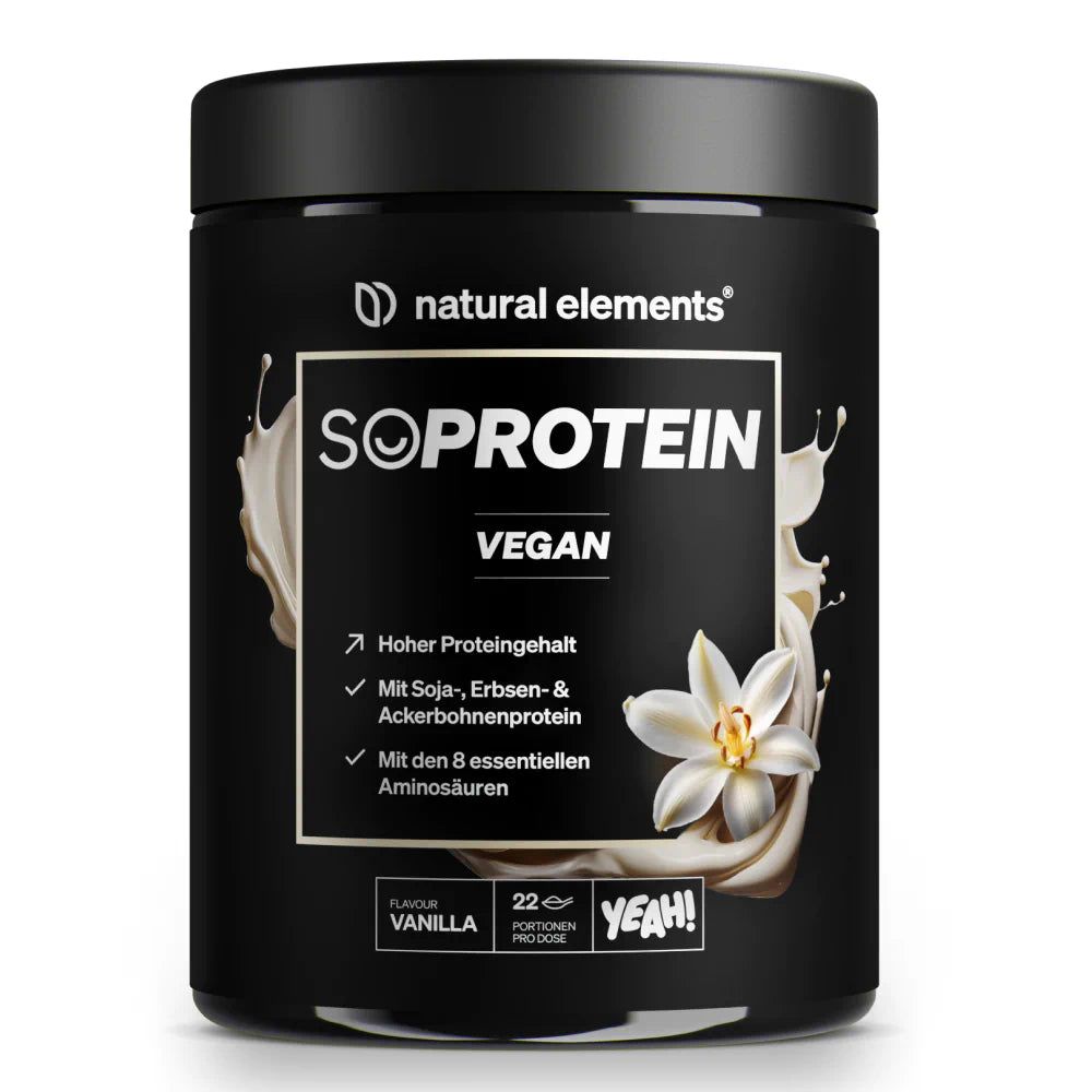 Schwarze Dose mit weißem Schriftzug SOPROTEIN VEGAN. Enthält Soja-, Erbsen- und Ackerbohnenprotein. Geschmack: Vanille. Mit 22 Portionen.