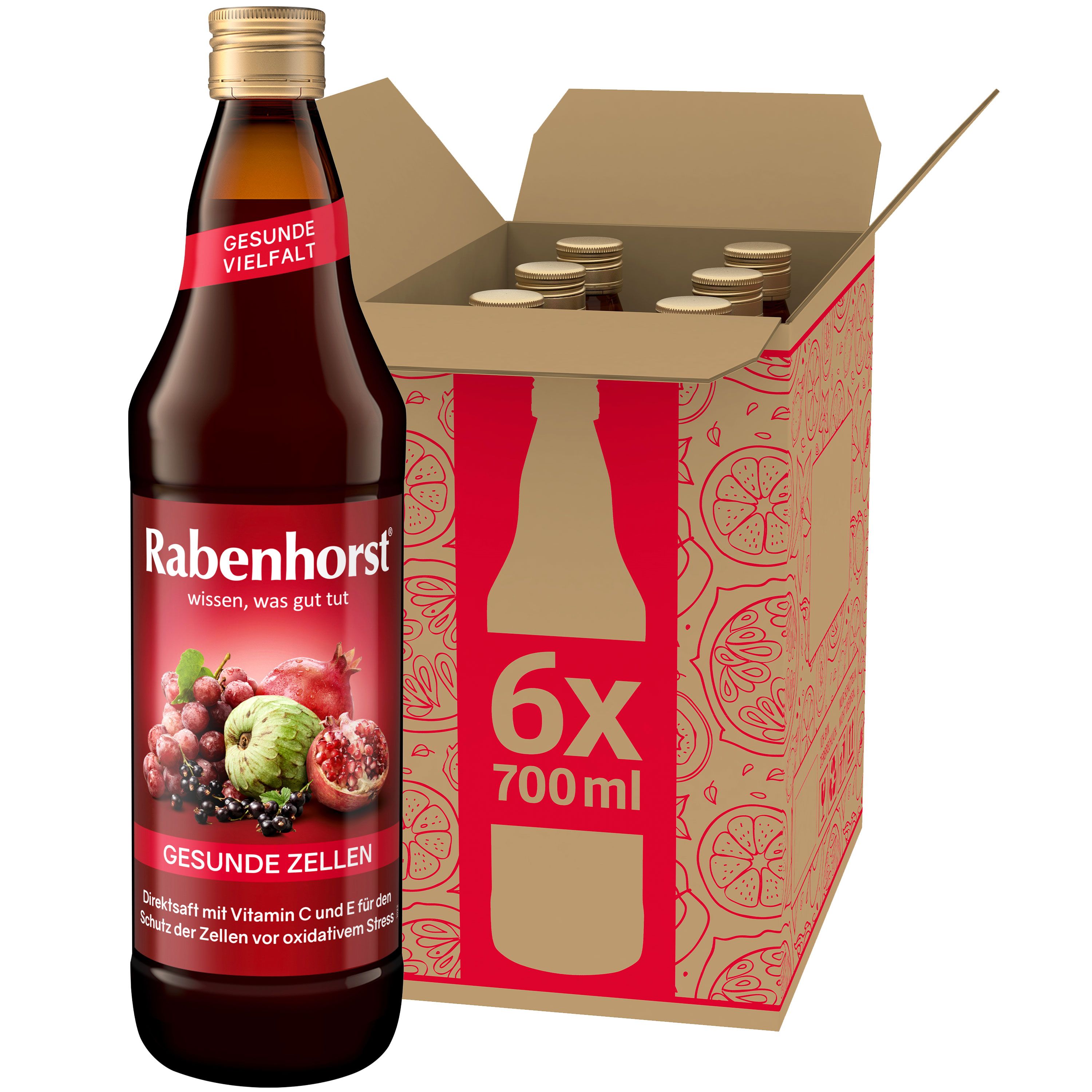 Glasflasche Rabenhorst Gesunde Zellen, 700ml, mit Etikett. Karton mit 6 Flaschen. Aufschrift: Gesunde Vielfalt.