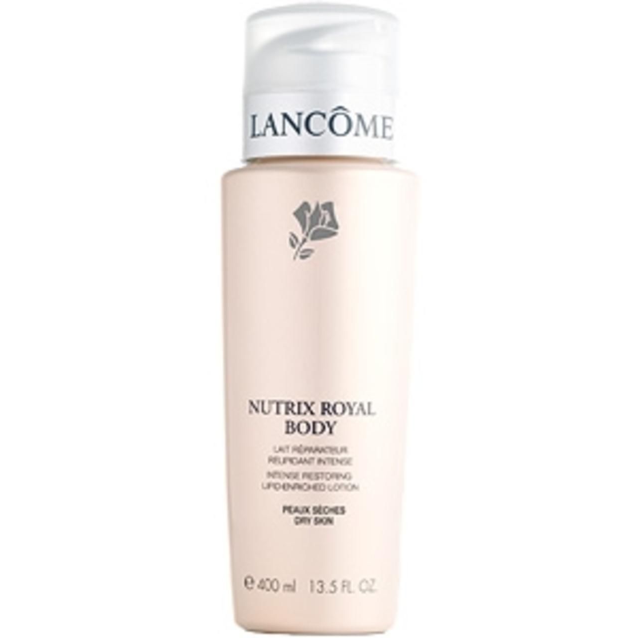 Beigefarbene Flasche mit weißem Pumpkopf. Aufschrift: Lancôme, Nutrix Royal Body, 400 ml.