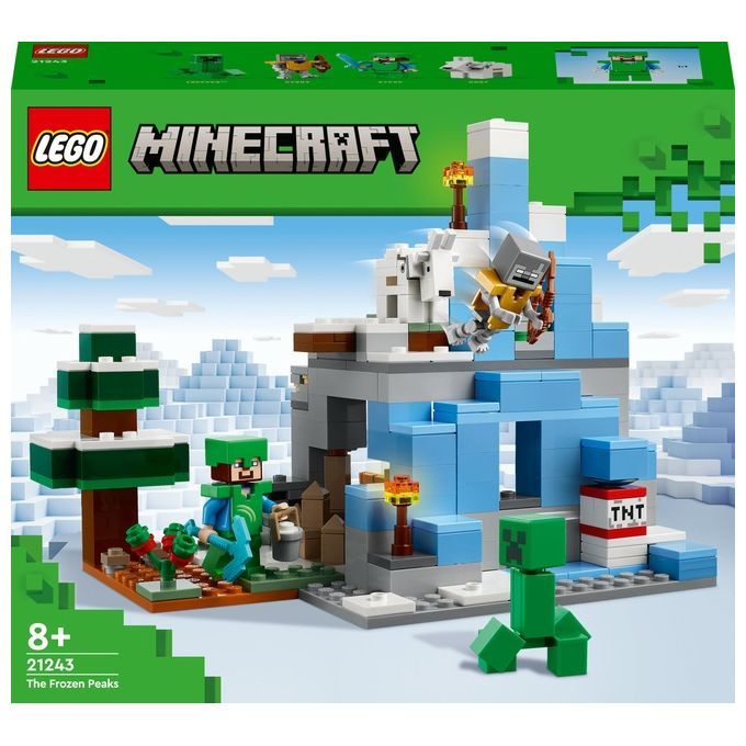 LEGO Minecraft Bausatz. Eisgipfel-Modell mit Figuren und Höhle. Enthält TNT-Block und grüne Bäume. Verpackung mit Logo und Altersempfehlung.