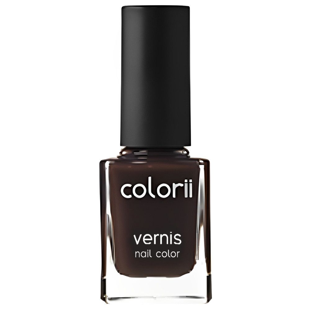 Nagellackflasche mit schwarzem Deckel. Aufschrift "colorii", darunter "vernis nail color". Dunkelbraune Farbe.