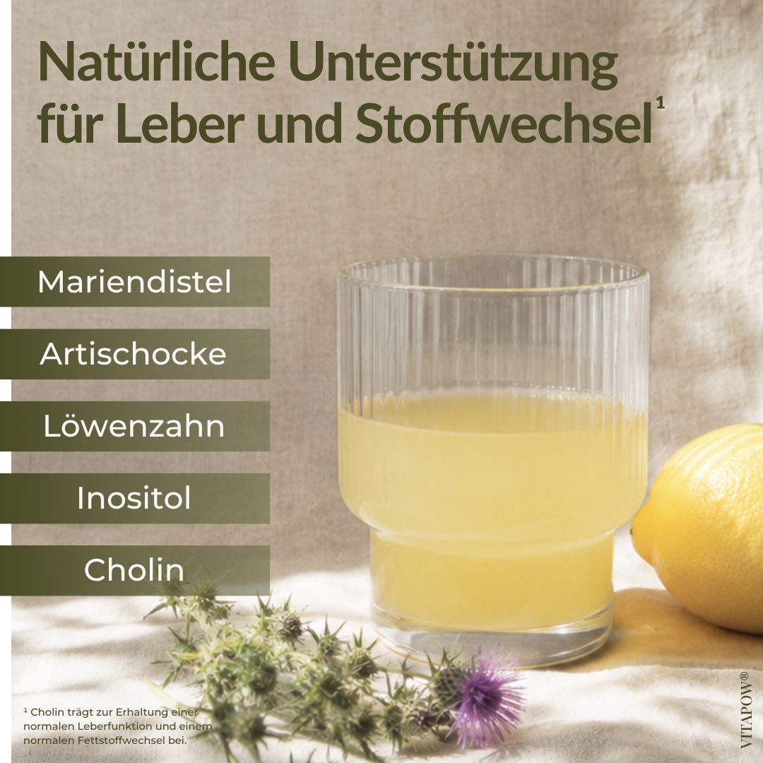Glas mit gelbem Getränk, Zitrone und Kräutern. Text: Natürliche Unterstützung für Leber und Stoffwechsel.