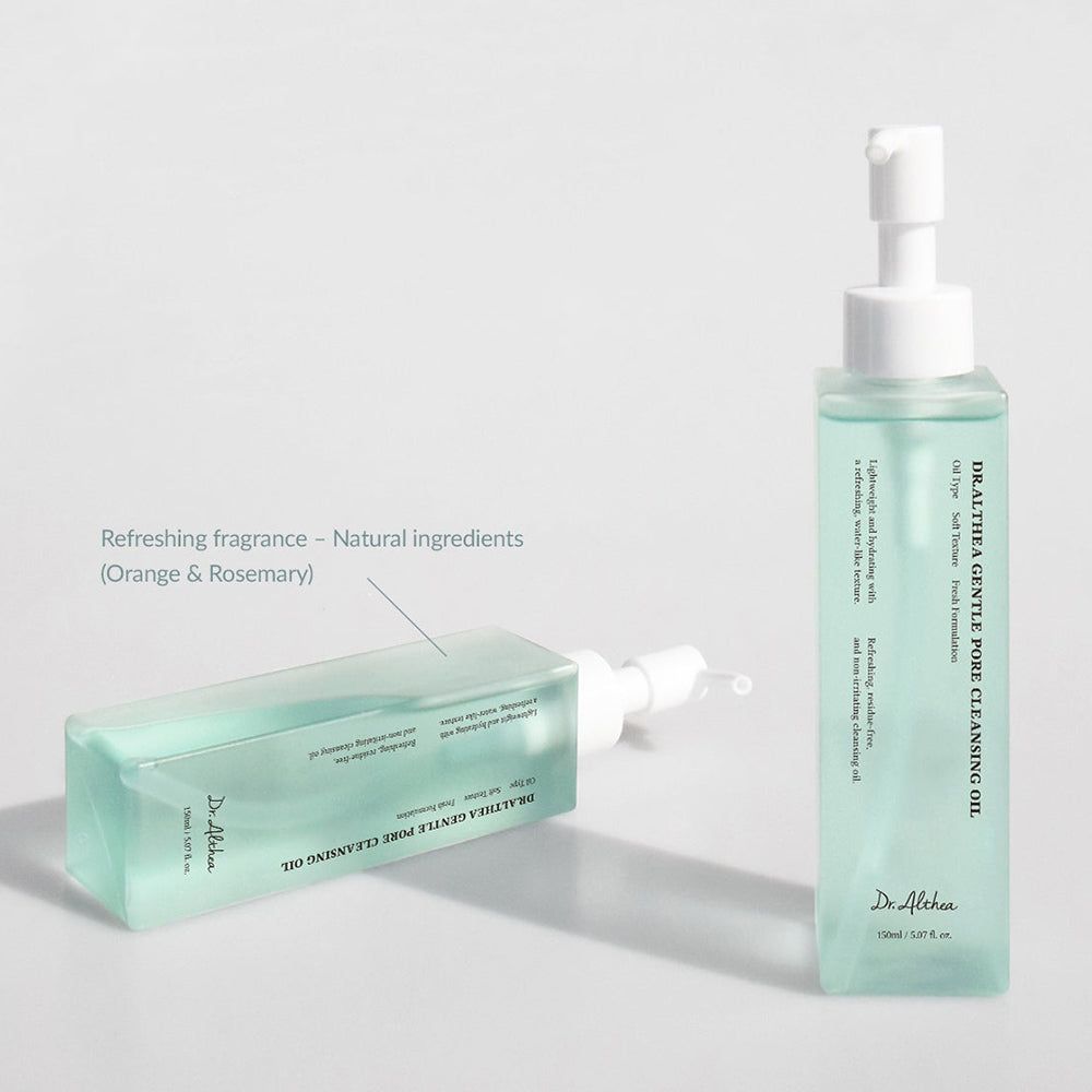 Zwei Flaschen Dr. Althea Gentle Pore Vegan Cleansing Oil, eine aufrecht, eine liegend.