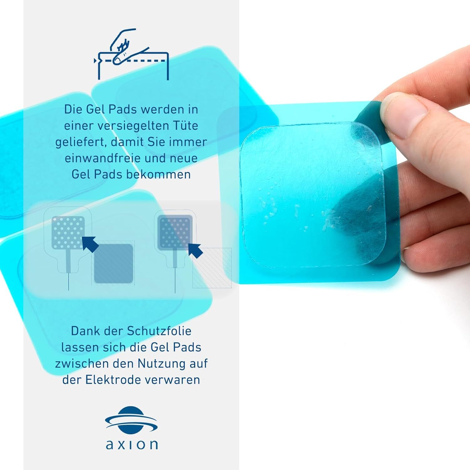 Gel Pads in versiegelter Tüte. Schutzfolie. Produktname: axion. Text in Deutsch. Gezeigt: Hände, Produkt und Verpackung.