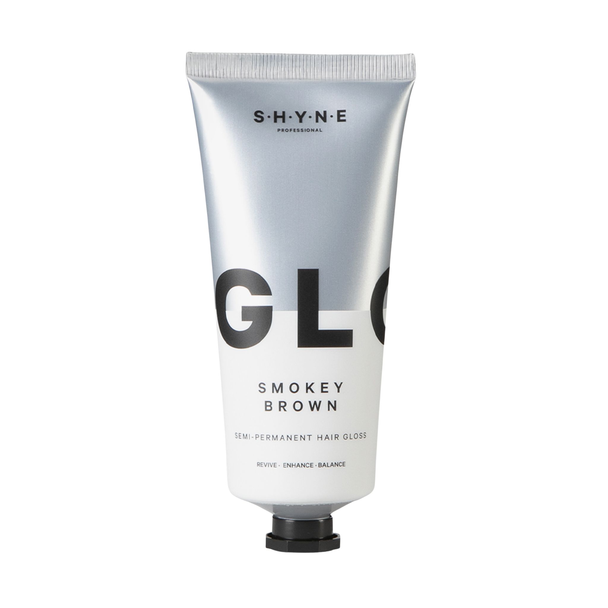 Silberfarbene Tube mit schwarzem Verschluss. Aufschrift: SHYNE, GLO, Smokey Brown, Semi-Permanent Hair Gloss.