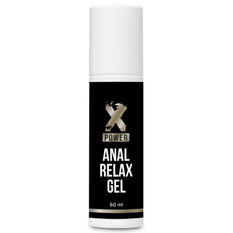 Zylindrische Flasche mit weißem Deckel. Schwarzes Etikett mit goldfarbenem Logo und Text: ANAL RELAX GEL. Unten: 60 ml.