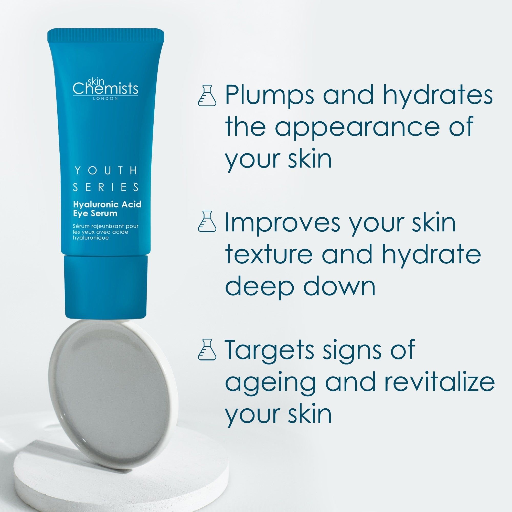 Blaues Tube mit "skinChemists"-Logo und "Youth Series Hyaluronic Acid Eye Serum"-Text. Produkt auf Podest mit Text über Vorteile.