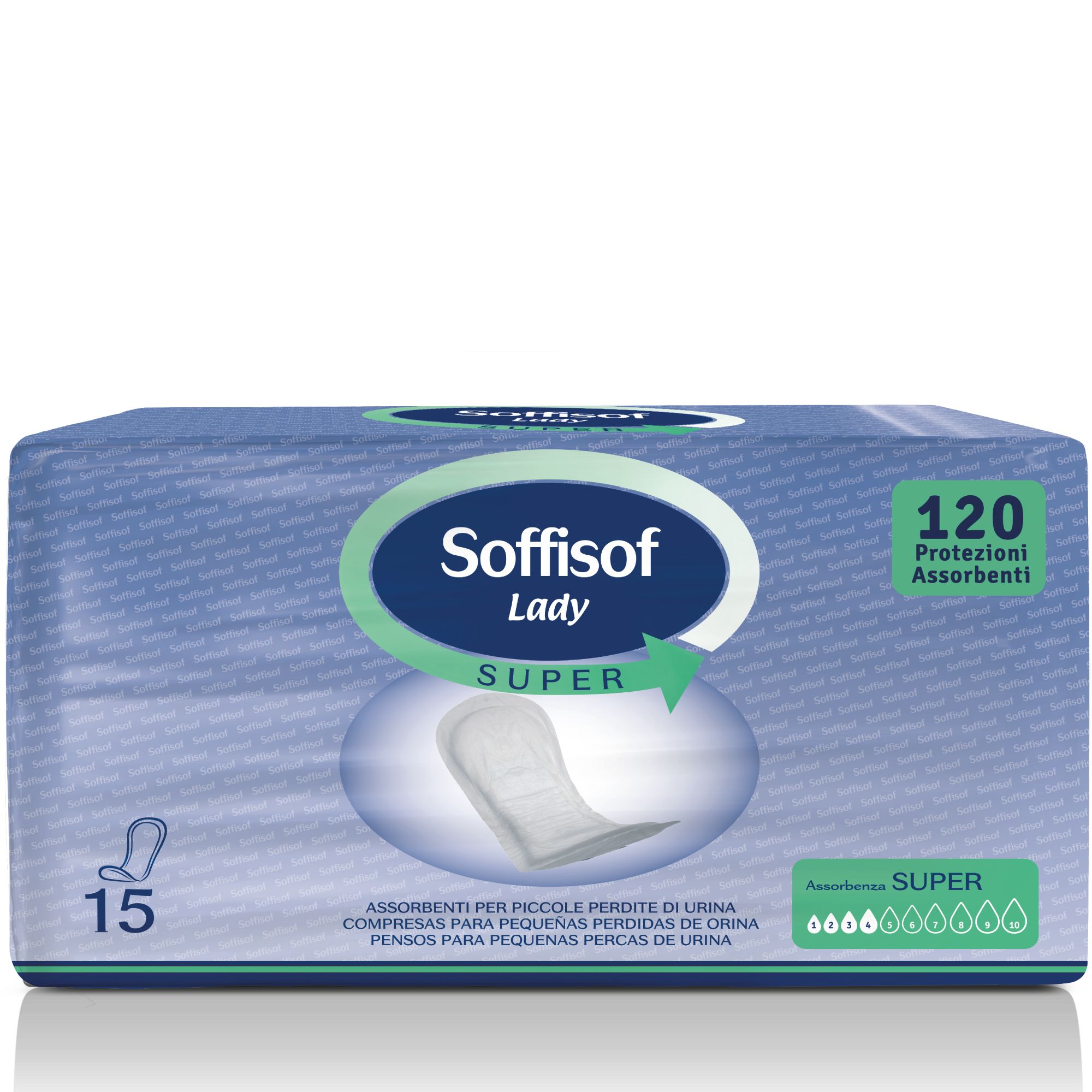 Verpakking Soffisof Lady Super incontinentie-inlegkruisjes. 120 stuks. Blauwe verpakking met productafbeelding.