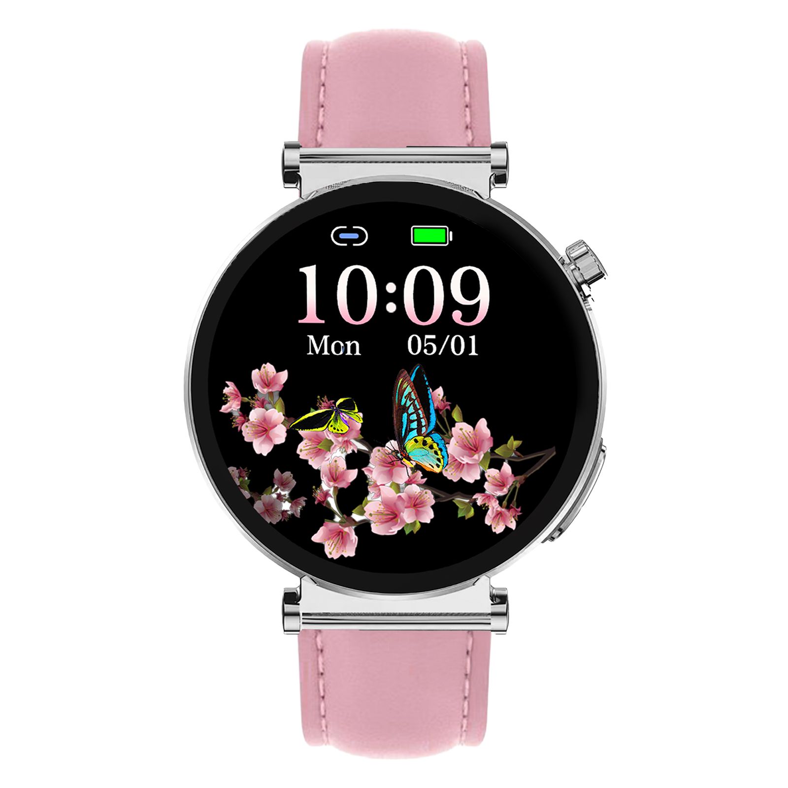 Runde Smartwatch mit rosa Lederarmband. Anzeige mit Uhrzeit und floralem Hintergrund. Silberfarbenes Gehäuse.