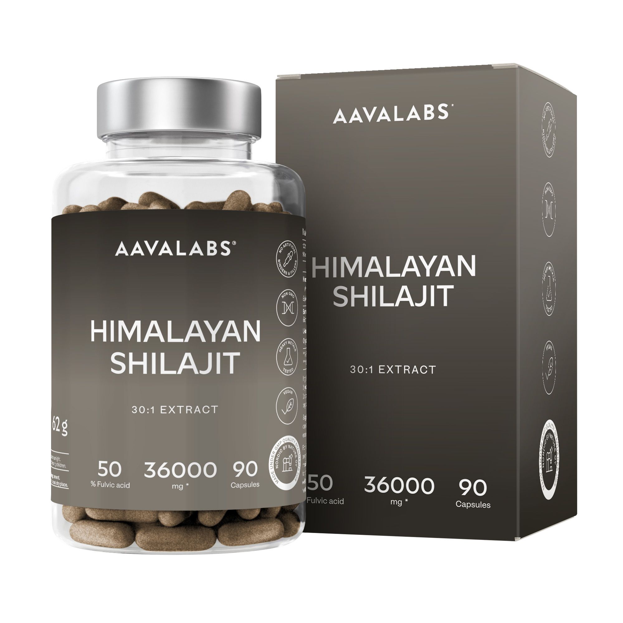 Braune Kapseln in einer transparenten Flasche mit Etikett. Aufschrift: Himalaya Shilajit, 30:1 Extrakt.