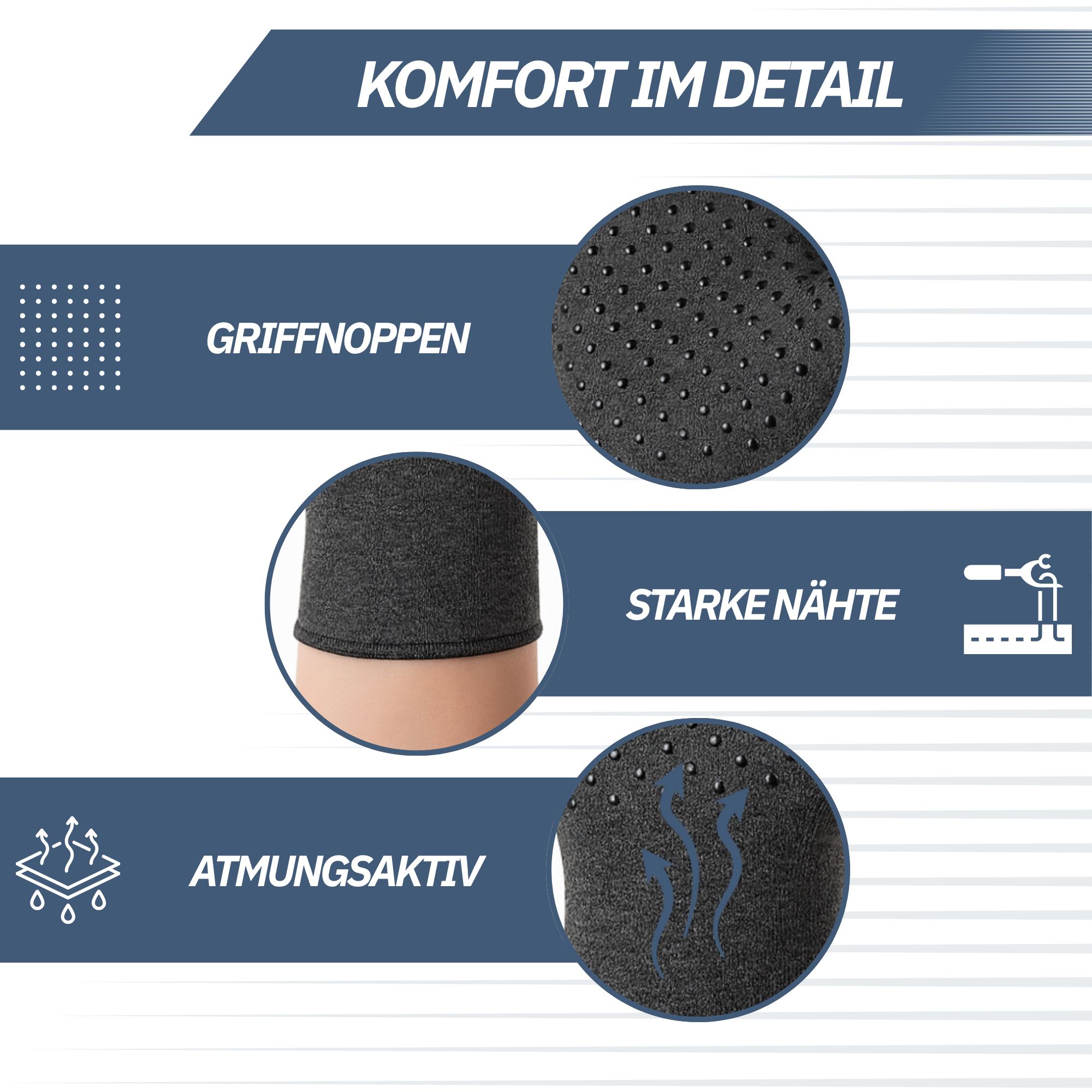 Graue Kompressionshandschuhe mit offenen Fingerspitzen und rutschfesten Noppen.