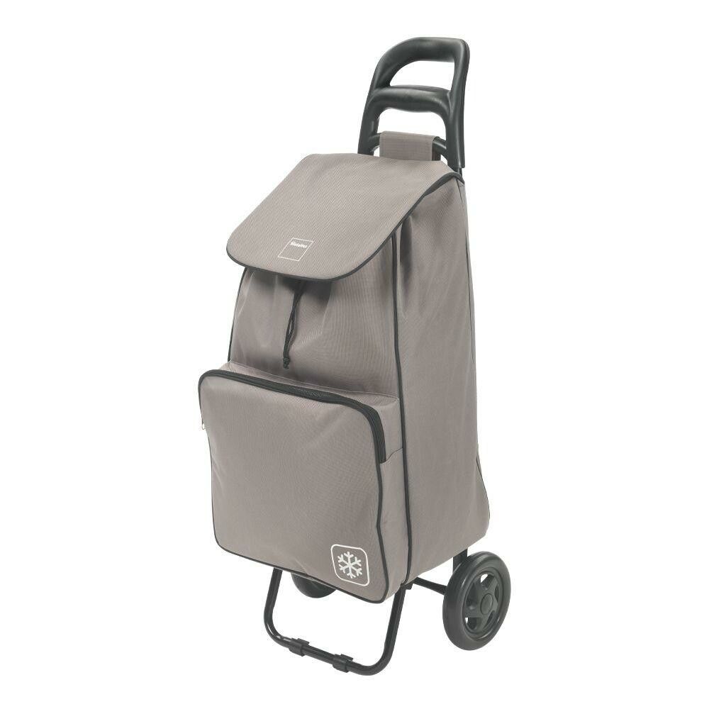 Grauer METALTEX Shopping-Trolley Krokus mit Kühltasche. Schwarzer Griff und Räder. Kühltaschen-Symbol. Aufrecht stehend.