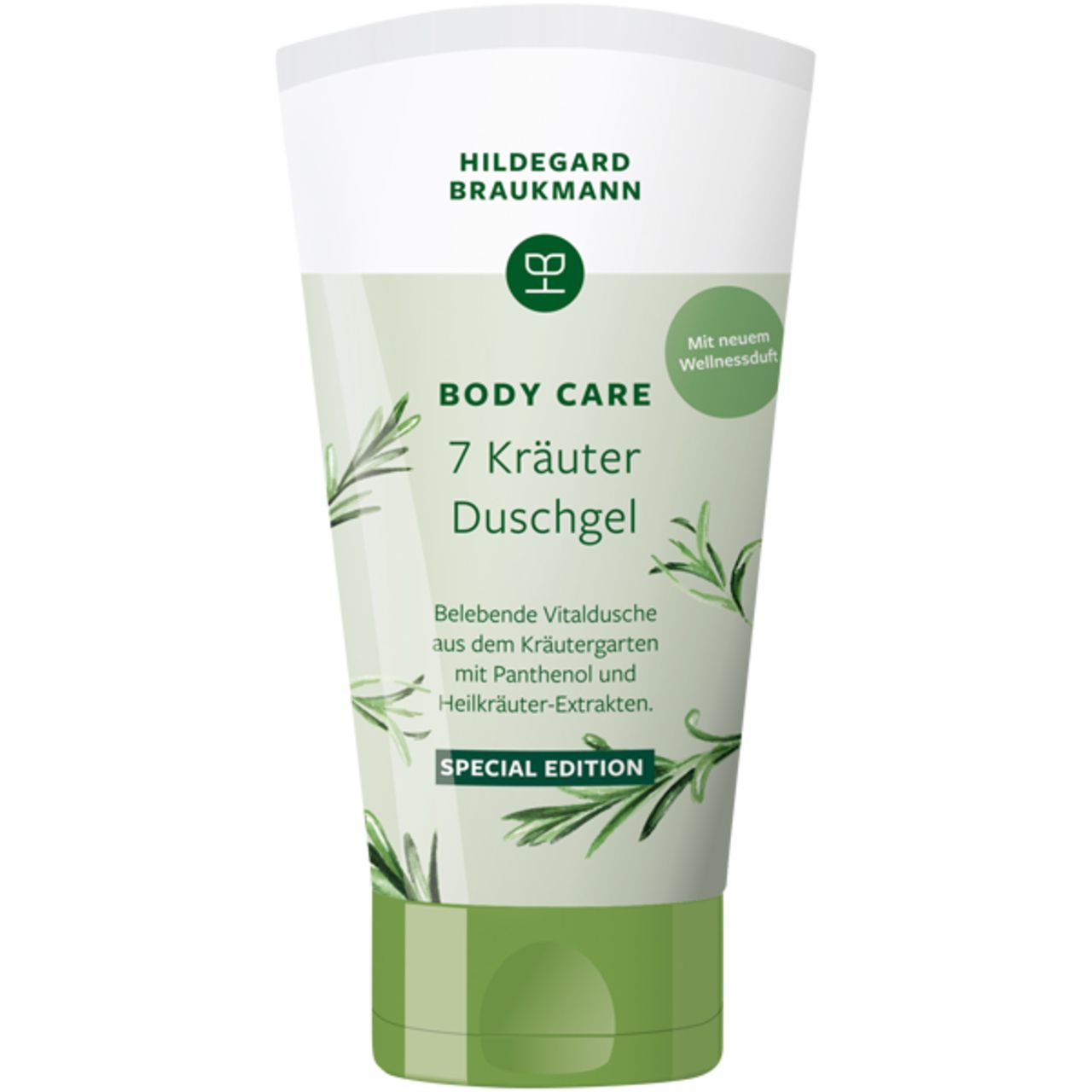Hildegard Braukmann Body Care Duschgel. Tube mit grüner und weißer Gestaltung. Text: 7 Kräuter Duschgel, Special Edition.