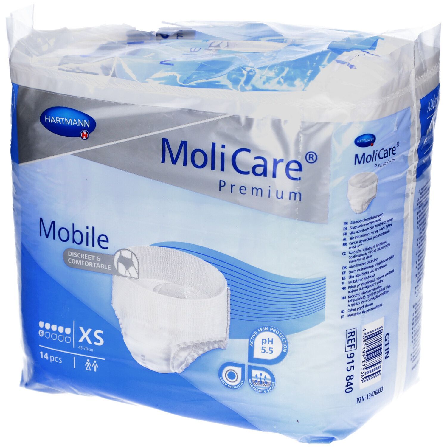 Verpackung von MoliCare Premium Mobile XS. Enthält 14 Stück. Marke und Produktbezeichnung deutlich sichtbar. Mit pH-Wert-Angabe.