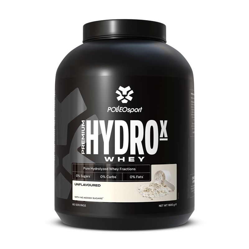 Schwarze Dose mit "HYDROX WHEY"-Aufdruck. Enthält Proteinpulver. Aufschrift: "POLLEOsport", "UNFLAVOURED", "0% Zucker, 0% Kohlenhydrate, 0% Fett".
