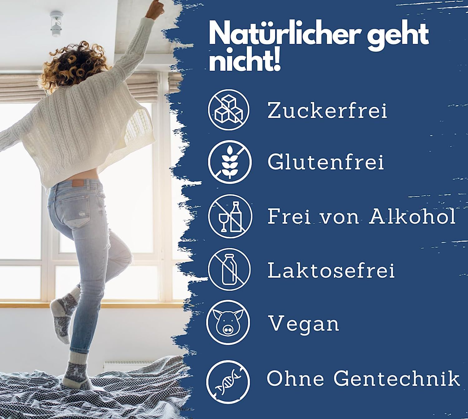 Frau springt auf einem Bett, Symbole für zuckerfrei, glutenfrei, alkoholfrei, laktosefrei, vegan, gentechnikfrei.