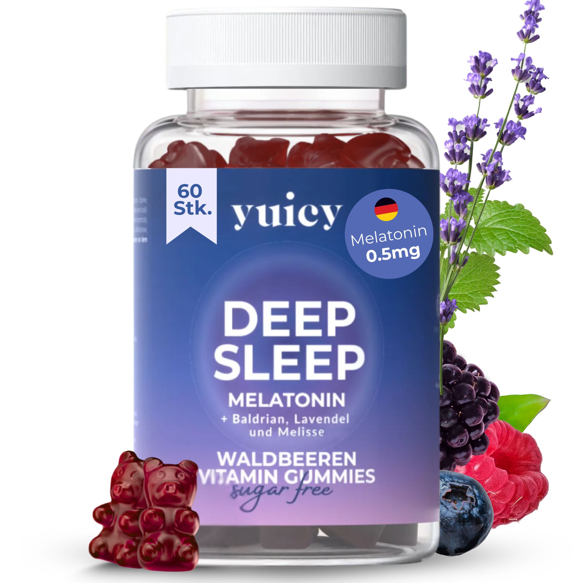 Glas mit yuicy® Deep Sleep Gummies. Rote Gummibärchen, Lavendel, Beeren und Melatonin 0,5mg.