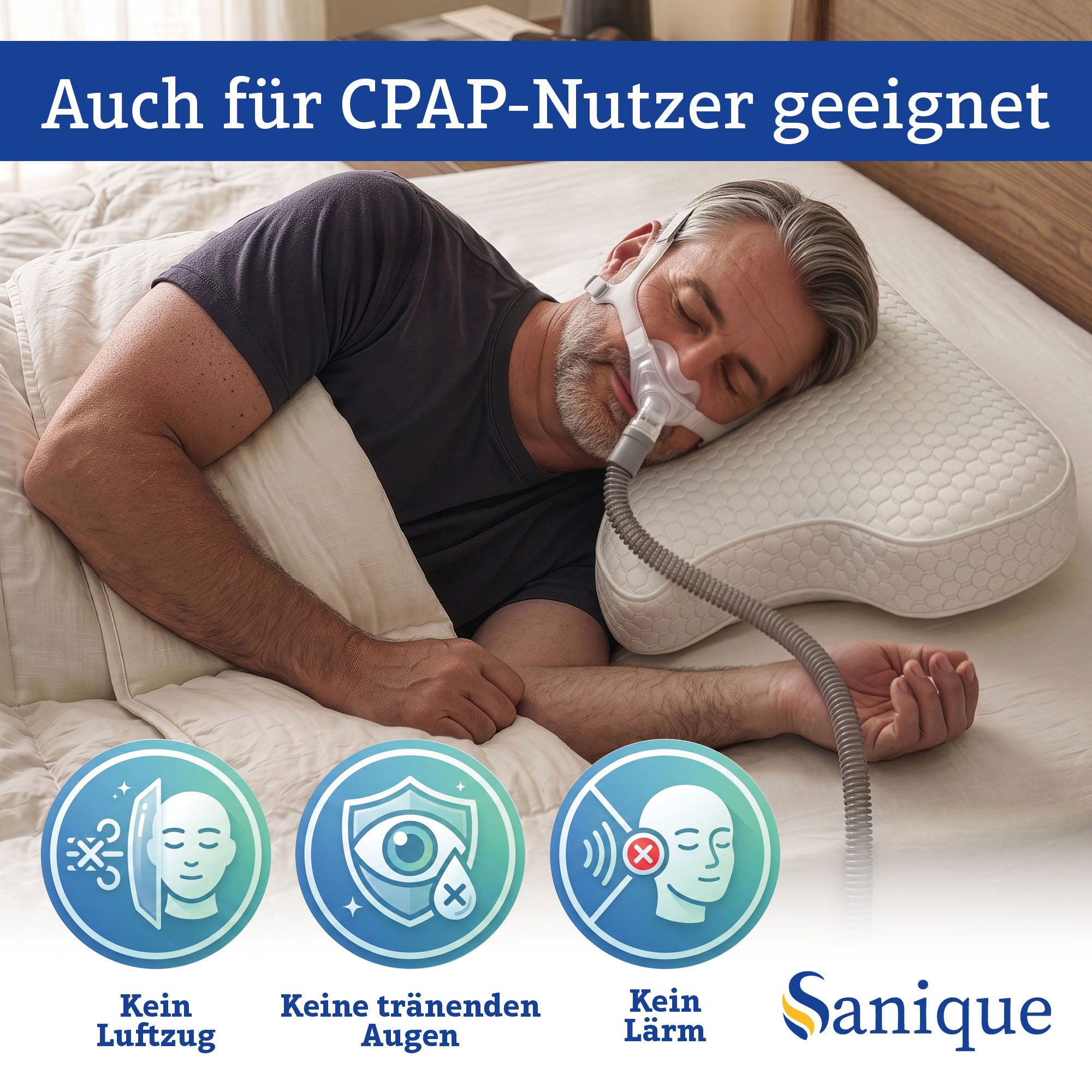 Orthopädisches Kissen mit konturierter Form für Seiten- und Rückenlage.