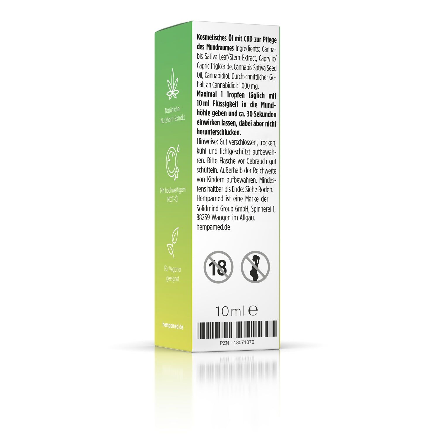Verpackung mit grünem Farbverlauf. Aufschrift: 10ml e. Hinweise zur Anwendung und Inhaltsstoffe. Ab 18 Jahren.