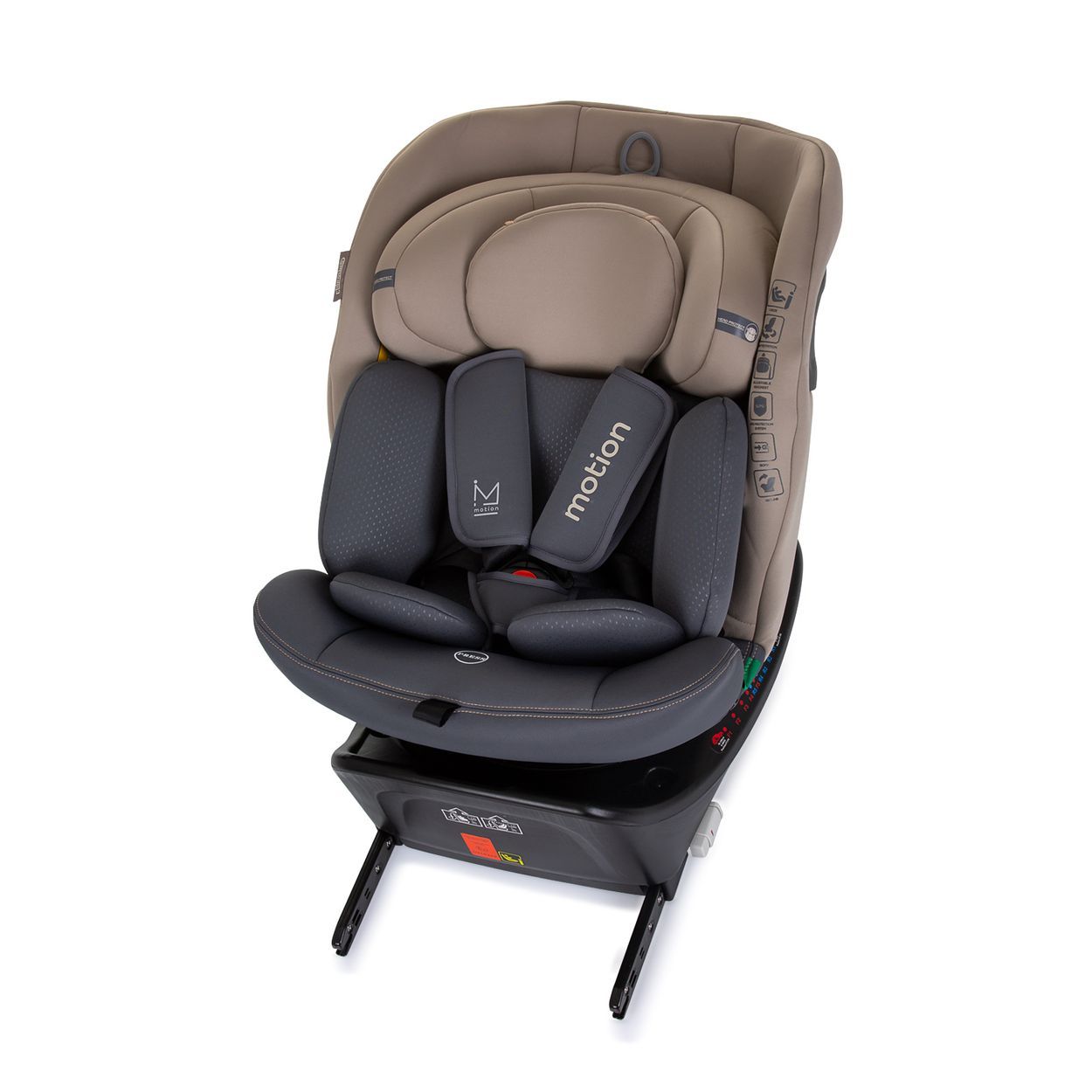 Beiger Kindersitz mit verstellbarer Kopfstütze und 5-Punkt-Gurt, verschiedene Ansichten.