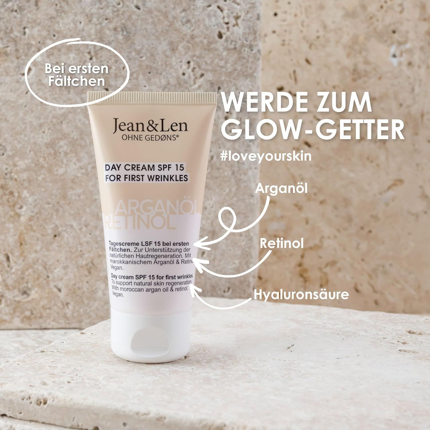 Creme-Tube Jean & Len, Tagescreme LSF 15 für erste Falten. Mit Arganöl, Retinol und Hyaluronsäure.