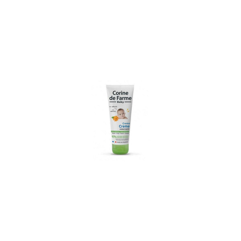 Creme-Tube mit Produktnamen und Babyfoto. Text: Creme, für empfindliche Haut. Grün-weiße Verpackung.