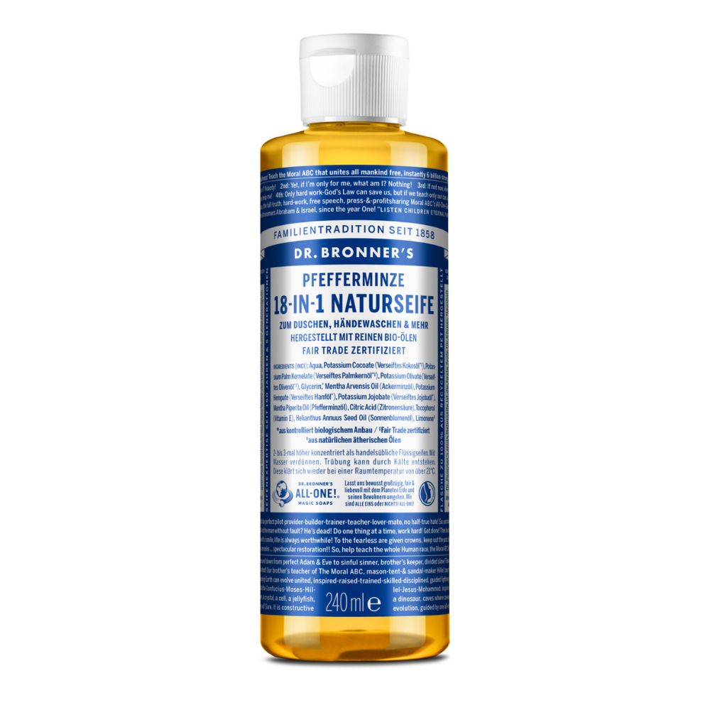 Flüssigseife mit weißem Verschluss. Aufschrift: Pfefferminze, 18-in-1 Naturseife. Blaue und weiße Etikettierung. 240 ml.