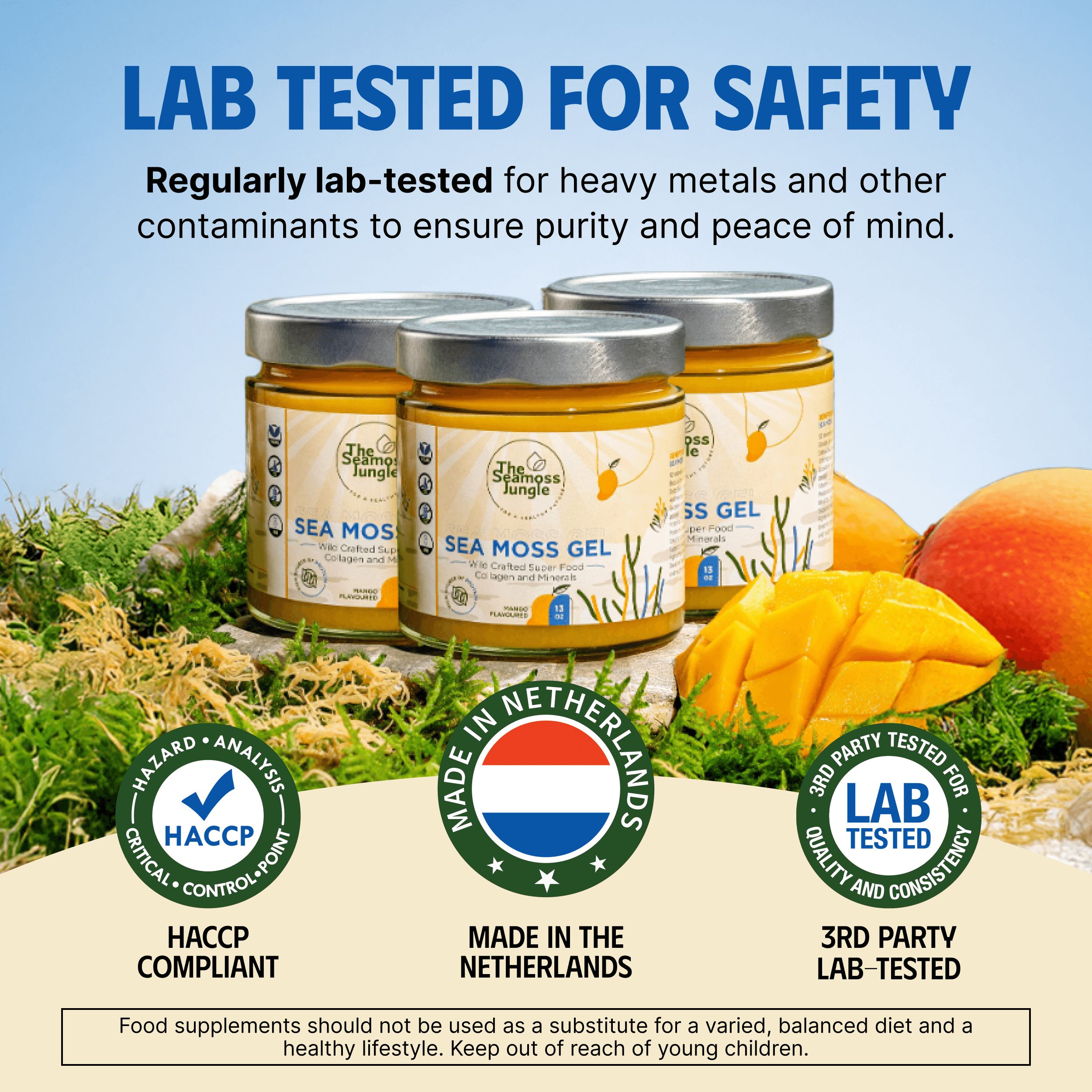 Drei Gläser Sea Moss Gel mit Mango. Text: Lab Tested for Safety, Made in Netherlands, 3rd Party Lab-Tested. Logo: The Seamoss Jungle.