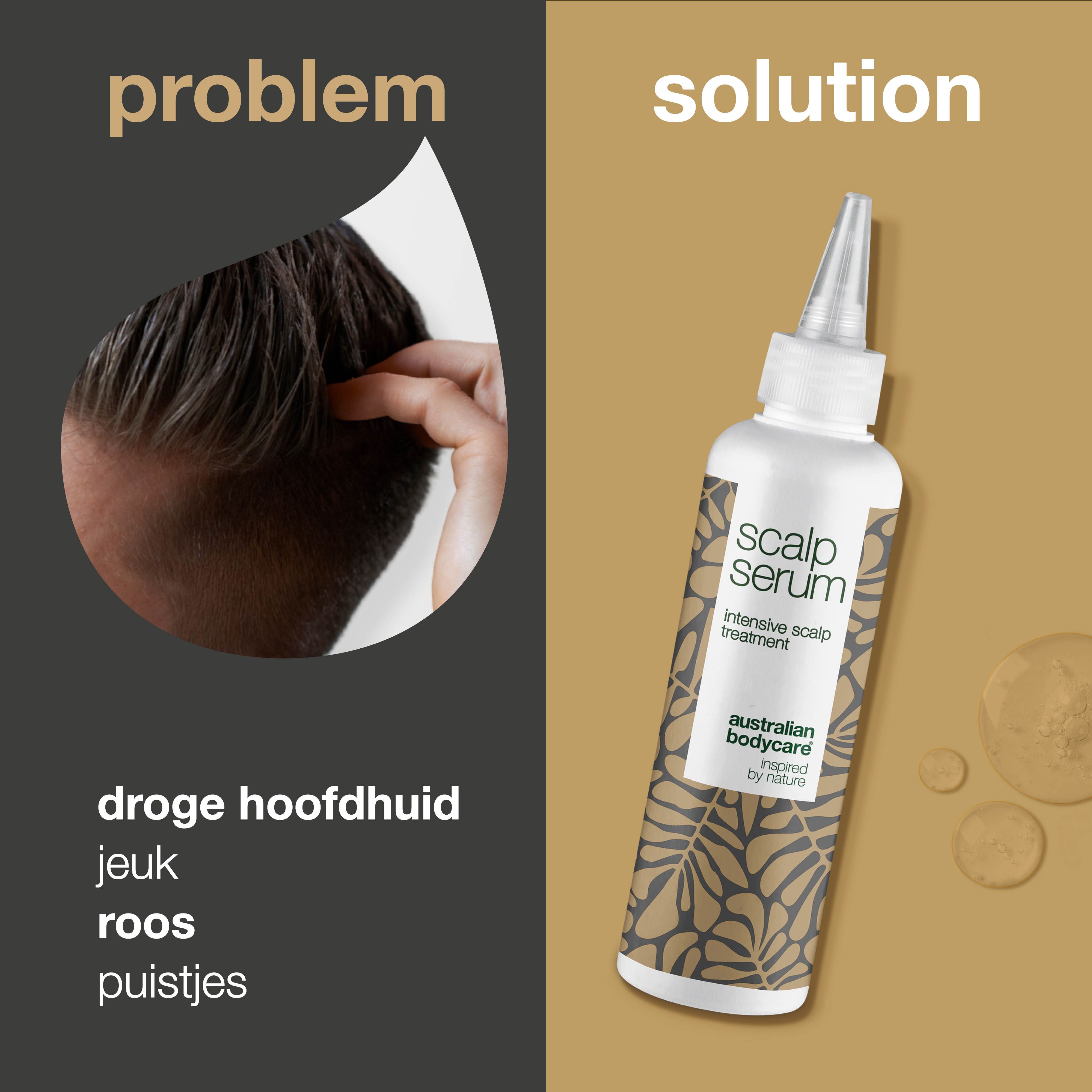 Probleem-oplossing presentatie. Droge hoofdhuid, jeuk, roos. Serumfles: Scalp Serum, Australian Bodycare.