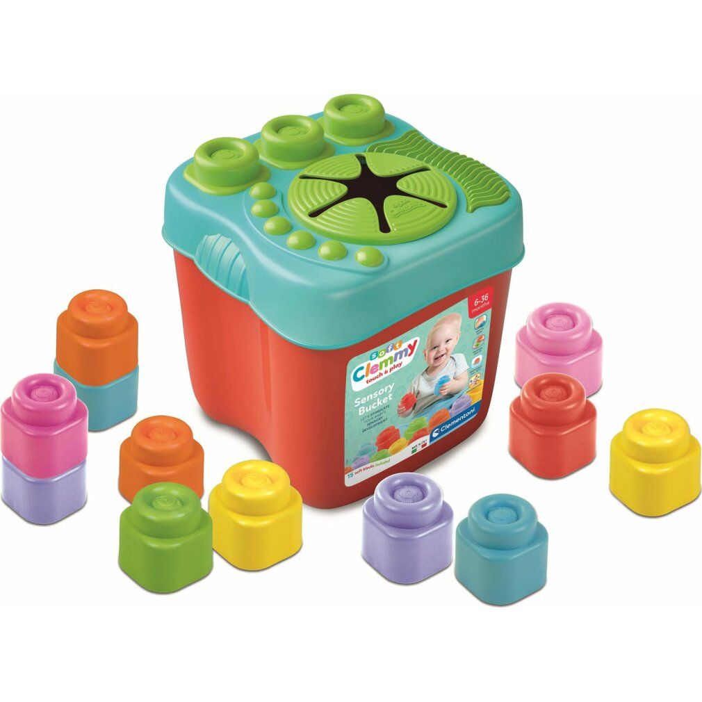 Roter Eimer mit bunten Bausteinen. Deckel mit grünen Knöpfen und Stern. Clementoni-Logo.