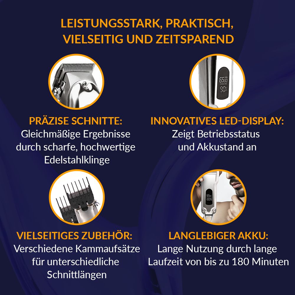 Infografik mit Produktmerkmalen: Präzise Schnitte, LED-Display, vielseitiges Zubehör, langlebiger Akku. Text in deutscher Sprache.