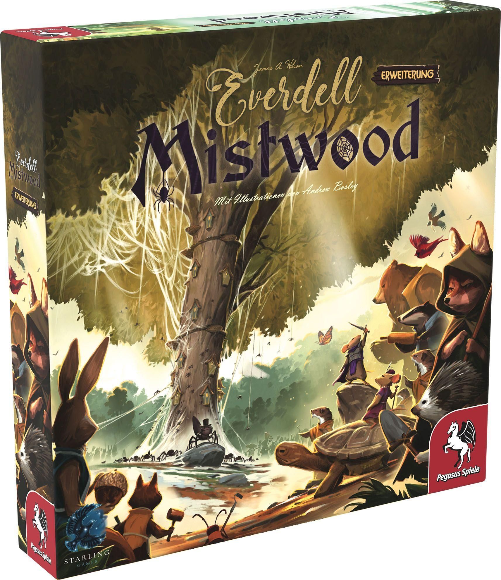 Spielbox Everdell: Mistwood. Illustrationen zeigen Tiere in einer Waldszene. Erweiterung mit Pegasus Spiele Logo.