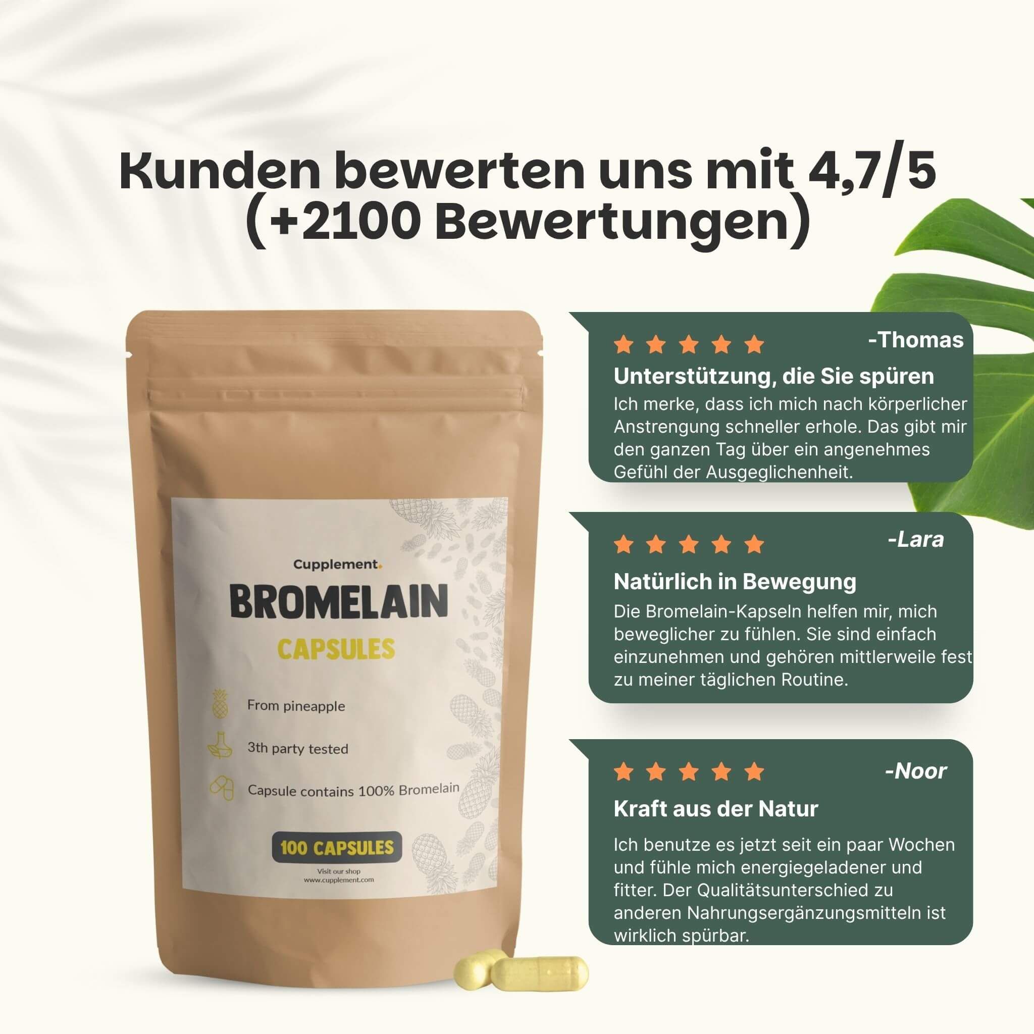 Beutel mit Bromelain-Kapseln. Text: Kunden bewerten uns mit 4.7/5. Zitate von Kunden.