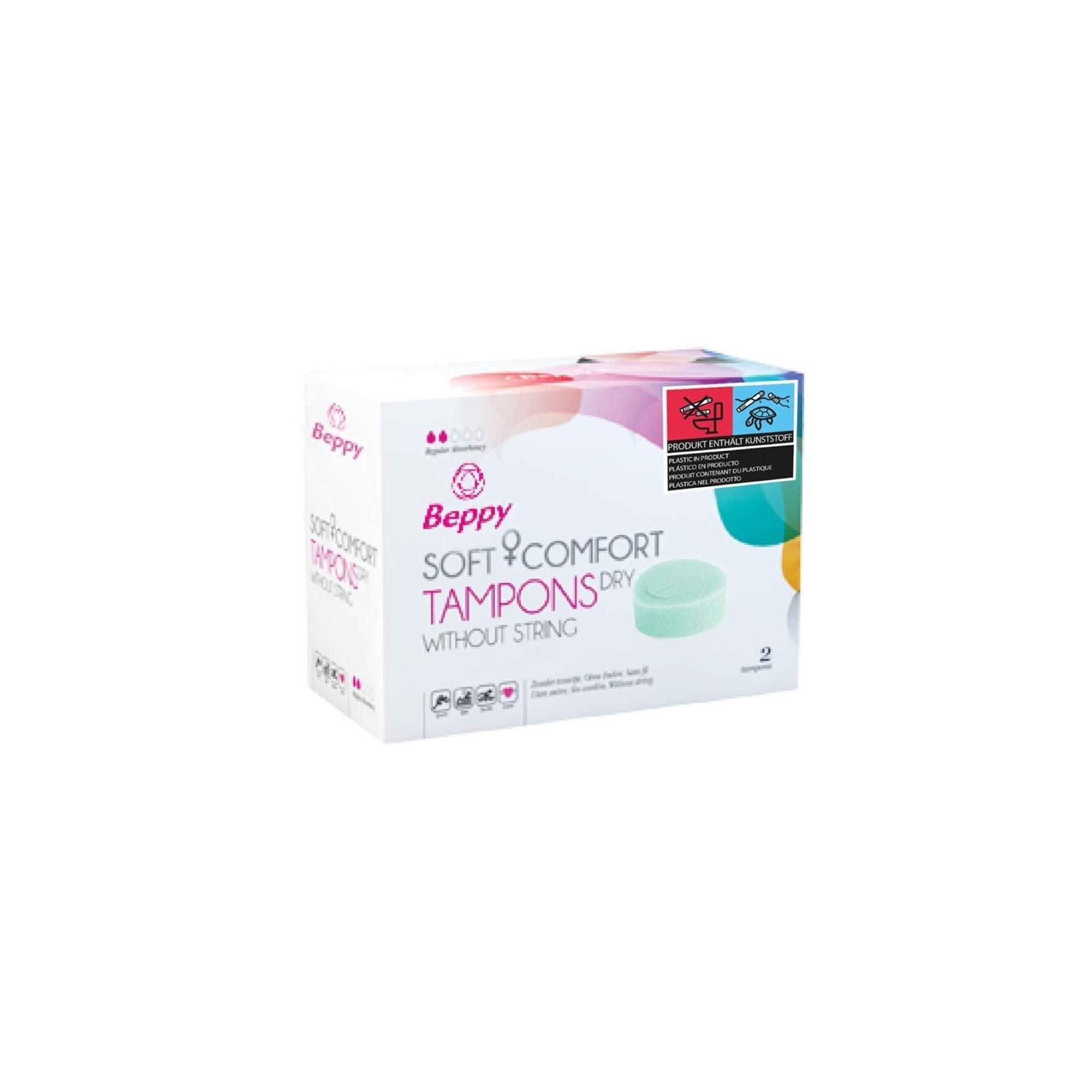 Verpackung von Beppy Soft & Comfort Tampons Dry. Ohne Faden. 2 Stück. Weiße Schachtel mit Produktabbildung.