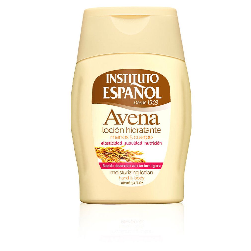 Beigefarbene Flasche mit Instituto Español Avena Feuchtigkeitslotion für Hände und Körper.