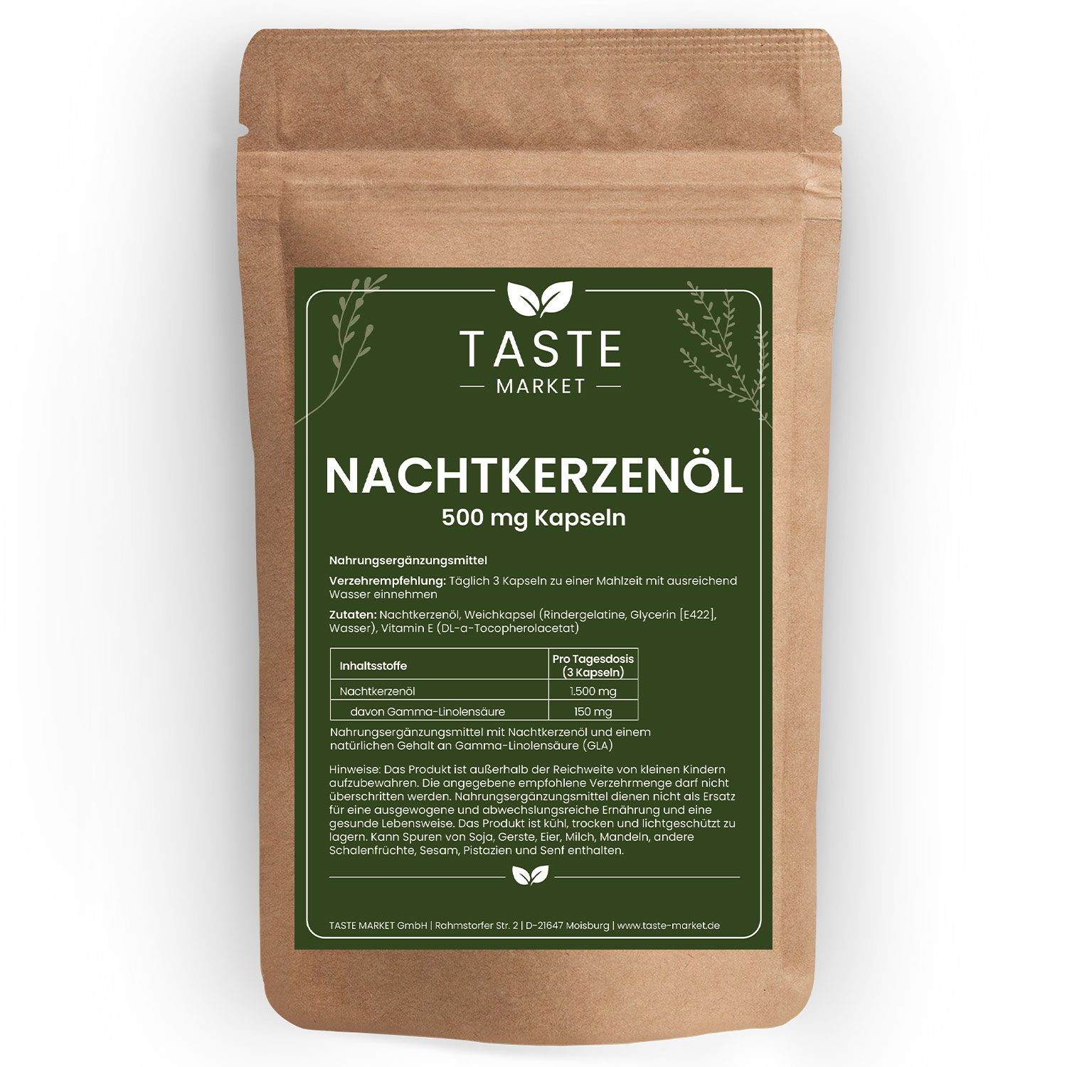Braune Papiertüte mit 'Taste Market Nachtkerzenöl 500 mg Kapseln' und Nährwertangaben.