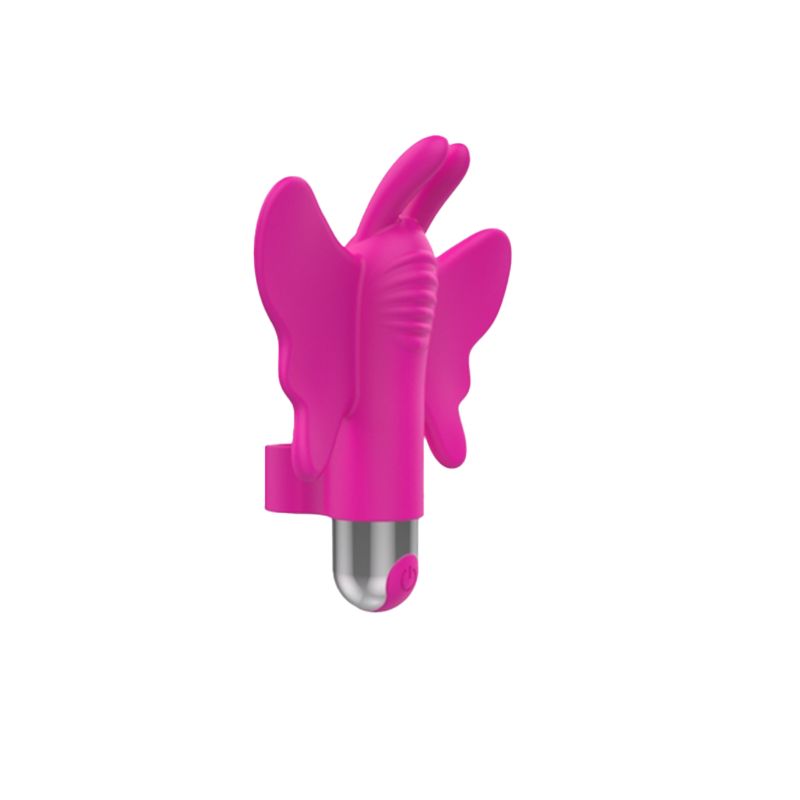 Fingervibrator, rosa, schmetterlingsförmig. Mit zwei Flügeln und einem zylindrischen Teil mit einer Taste.