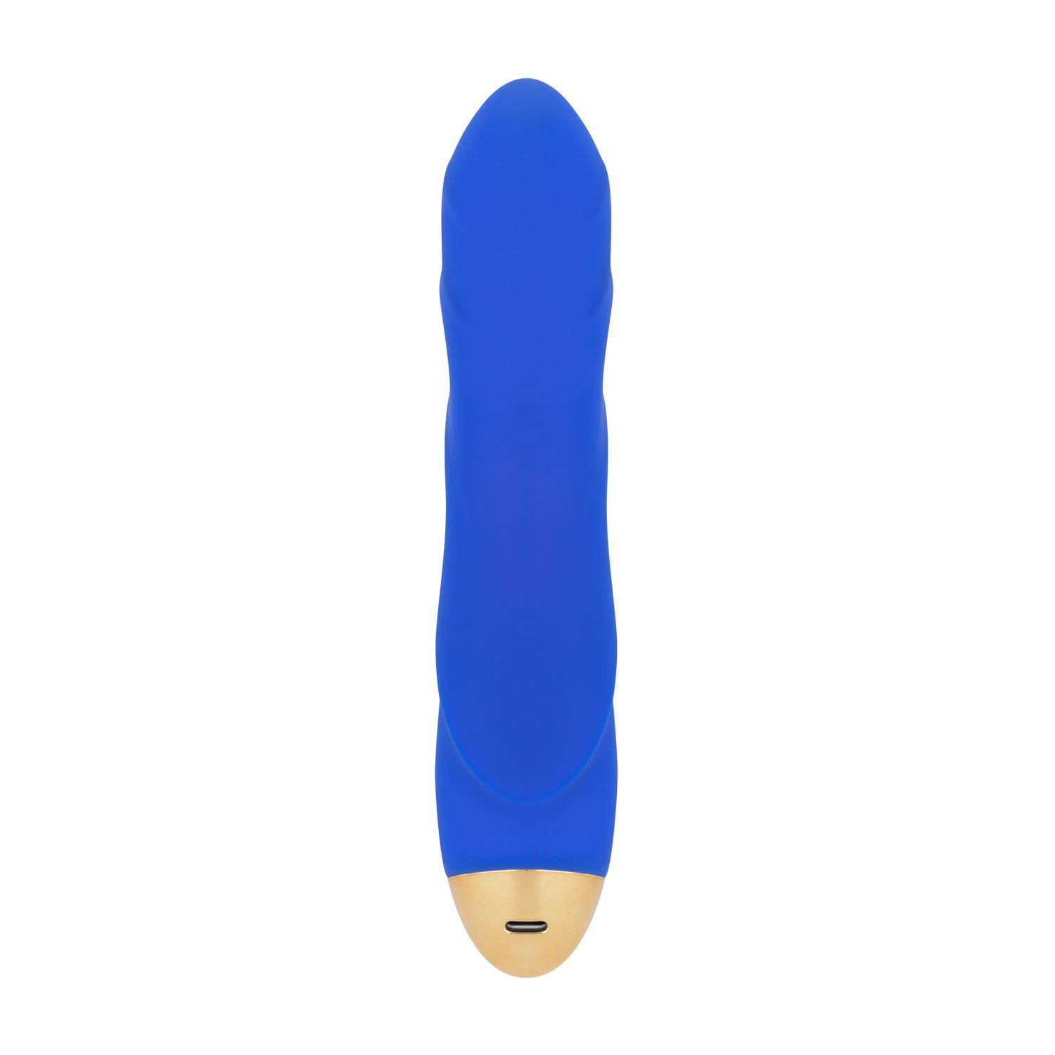 Oberansicht eines blauen Vibrators mit geriffelter Textur und goldener Kappe.
