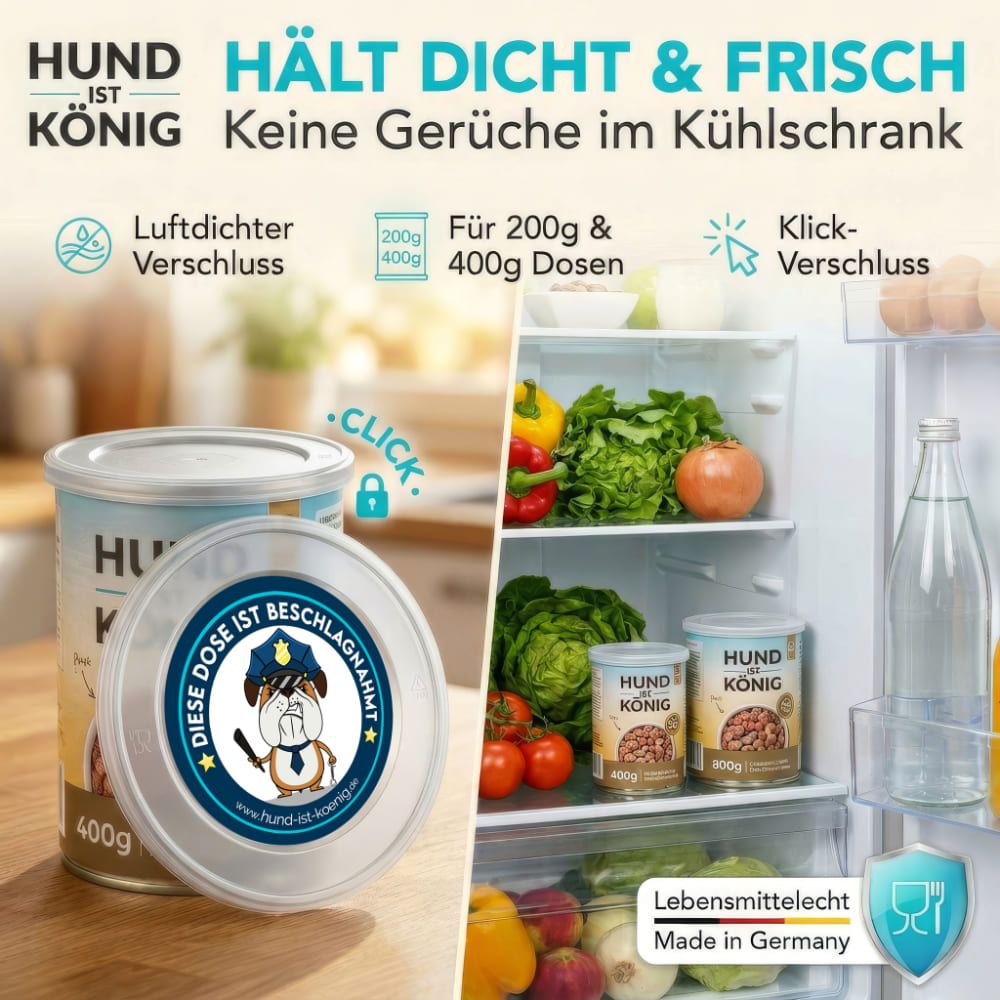Kühlschrank mit Futterdosen und Deckel. Aufschrift: Hält dicht & frisch. Für 200g & 400g Dosen. Klick-Verschluss. Lebensmittelecht.