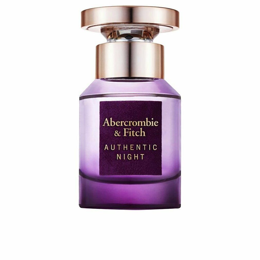 Violett-farbener Flakon mit goldfarbenem Verschluss. Auf dem Etikett steht "Abercrombie & Fitch Authentic Night".