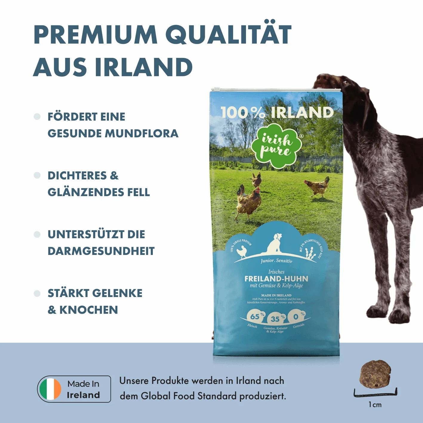 Hundefutter-Sack "Irish Pure" mit Weißfisch, mit Hund und Qualitätsmerkmalen.