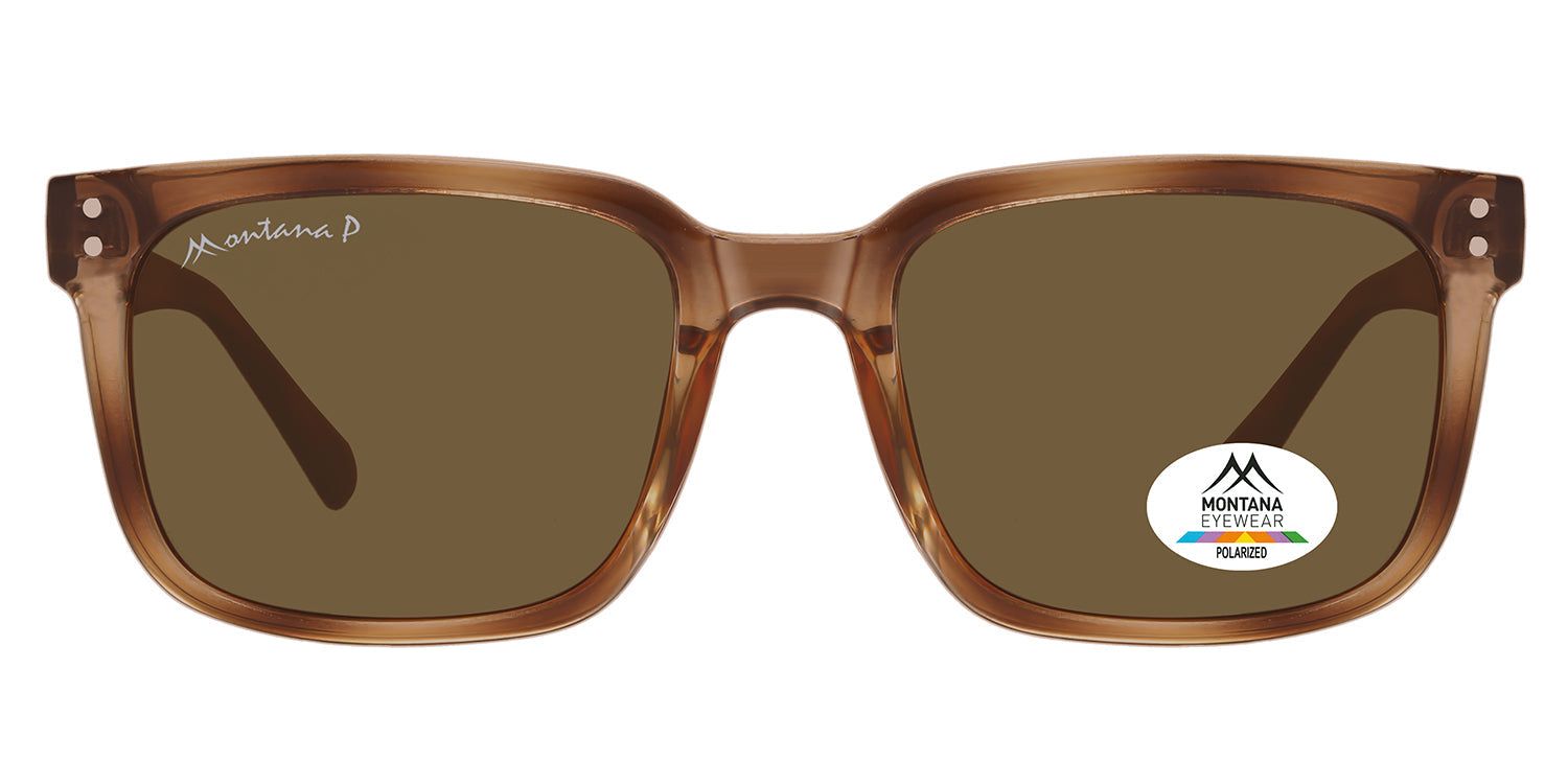 Montana Eyewear Paternoster Sonnenbrille. Rechteckige, braune Fassung mit braunen Gläsern. Logo und Polarisations-Aufkleber auf dem Glas.