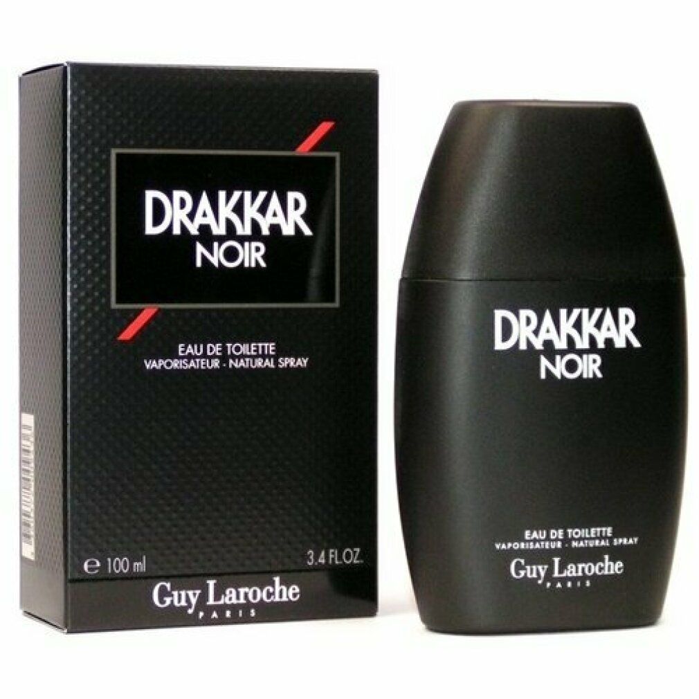 Schwarzer Flakon und Verpackung von Drakkar Noir Eau de Toilette. Aufschrift: Drakkar Noir, Guy Laroche. Flakon: 100 ml, 3.4 FL.OZ.