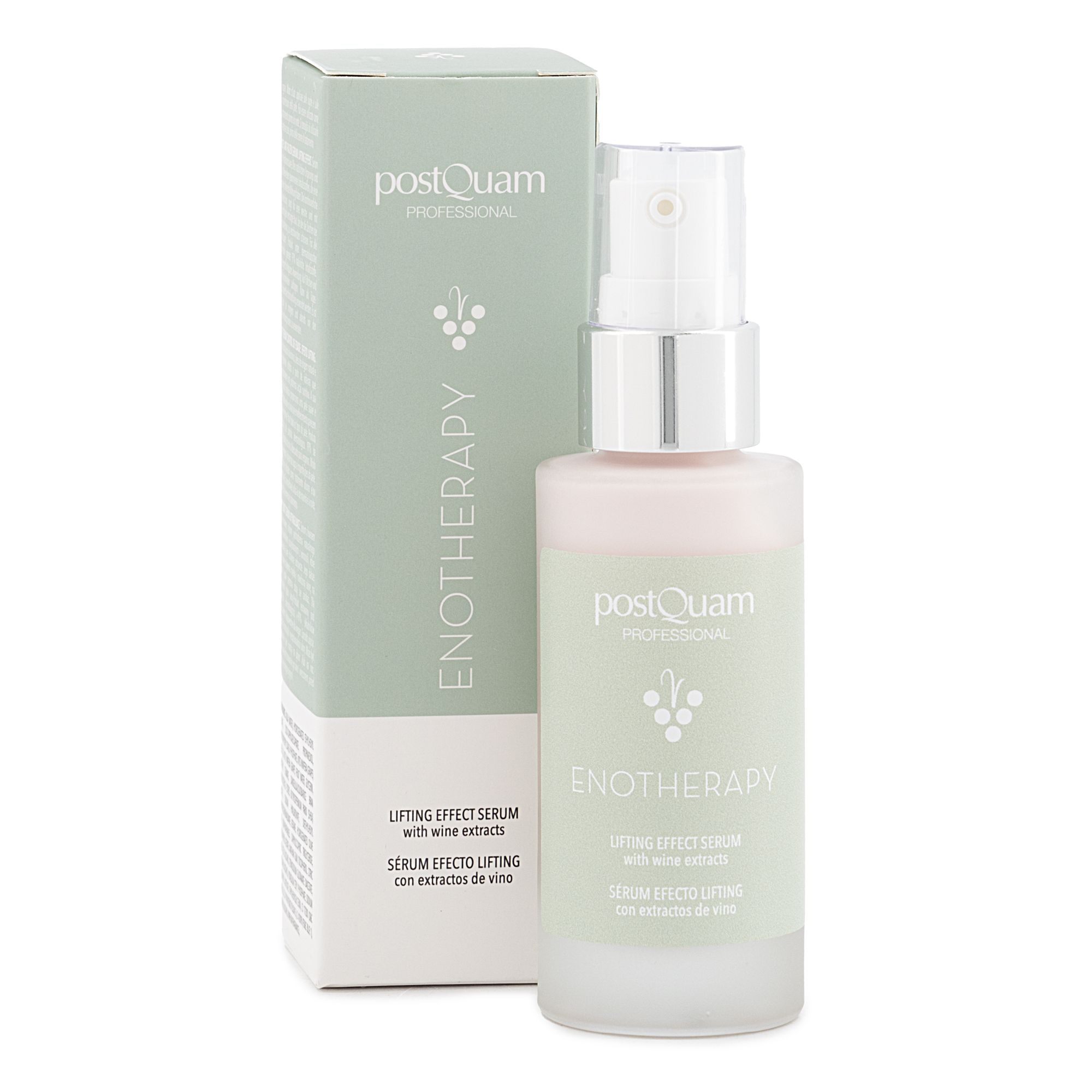 Serumflasche und Schachtel. Aufschrift: Postquam, Enotherapy, Lifting Effect Serum.